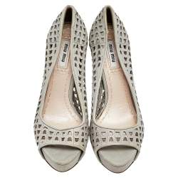 Miu Miu Grey Laser Cut Leather Peep Toe Platform Pumps Size 37