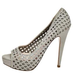 Miu Miu Grey Laser Cut Leather Peep Toe Platform Pumps Size 37