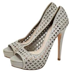 Miu Miu Grey Laser Cut Leather Peep Toe Platform Pumps Size 37