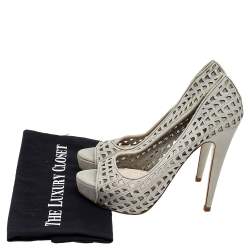 Miu Miu Grey Laser Cut Leather Peep Toe Platform Pumps Size 37