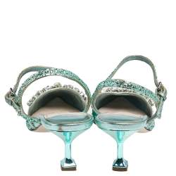 Miu Miu Green Glitter Crystal Embellished Kitten Heel Ankle Strap Sandals Size 38