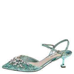 Miu Miu Green Glitter Crystal Embellished Kitten Heel Ankle Strap Sandals Size 38