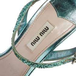 Miu Miu Green Glitter Crystal Embellished Kitten Heel Ankle Strap Sandals Size 38