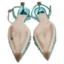 Miu Miu Green Glitter Crystal Embellished Kitten Heel Ankle Strap Sandals Size 38