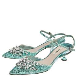 Miu Miu Green Glitter Crystal Embellished Kitten Heel Ankle Strap Sandals Size 38