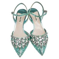 Miu Miu Green Glitter Crystal Embellished Kitten Heel Ankle Strap Sandals Size 38