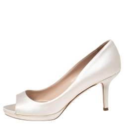 Pre Owned Miu Miu White Satin Peep Toe Pumps Size 38.5