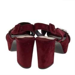 مملوكة مسبقًا Miu Miu Burgundy Suede Crystal Embellished Platform Block Heel Sandals Size 41