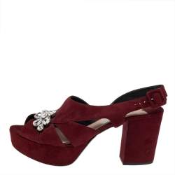 مملوكة مسبقًا Miu Miu Burgundy Suede Crystal Embellished Platform Block Heel Sandals Size 41