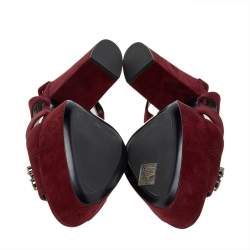 مملوكة مسبقًا Miu Miu Burgundy Suede Crystal Embellished Platform Block Heel Sandals Size 41