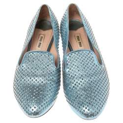 مملوكة مسبقًا Miu Miu Metallic Blue Leather Stud Embellished Smoking Slippers 36.5