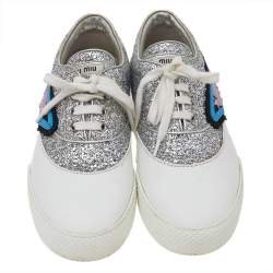 Pre Owned Miu Miu Silver/White Leather And Glitter Patch Slip on Sneakers Size 39.5