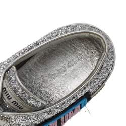 Pre Owned Miu Miu Silver/White Leather And Glitter Patch Slip on Sneakers Size 39.5