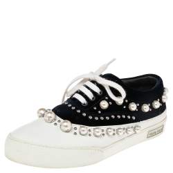 Pre Owned Miu Miu Blue/White Velvet Faux Pearl-Embellished And Rubber Trainers Sneakers Size 39