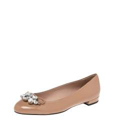 Pre Owned Miu Miu Beige Patent Leather Crystal Embellished Bow Ballet Flats Size 40