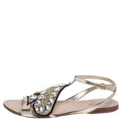 Pre Owned حذاء فلات ميو ميو جلد ميتاليك ذهبي مزين قلب غليتر مقاس 38