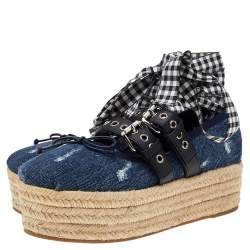 مملوكة مسبقًا حذاء إسبادريل ميو ميو جلد ودنيم أزرق بنعل سميك ورباط وكعب روكي مقاس 38