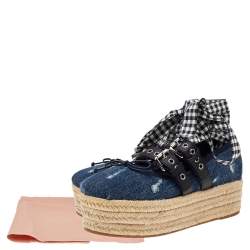 مملوكة مسبقًا حذاء إسبادريل ميو ميو جلد ودنيم أزرق بنعل سميك ورباط وكعب روكي مقاس 38