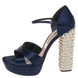 Miu Miu Dark Blue Satin Criss Cross Crystal Embellished Heel Sandals Size 38