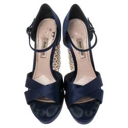 Miu Miu Dark Blue Satin Criss Cross Crystal Embellished Heel Sandals Size 38