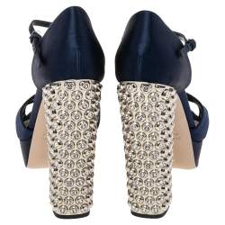 Miu Miu Dark Blue Satin Criss Cross Crystal Embellished Heel Sandals Size 38
