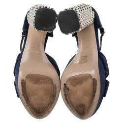 Miu Miu Dark Blue Satin Criss Cross Crystal Embellished Heel Sandals Size 38