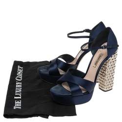 Miu Miu Dark Blue Satin Criss Cross Crystal Embellished Heel Sandals Size 38