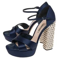 Miu Miu Dark Blue Satin Criss Cross Crystal Embellished Heel Sandals Size 38