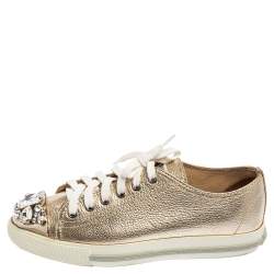 Pre Owned Miu Miu Metallic Gold Leather Crystal Embellished Metal Cap Toe Low Top Sneakers Size 36