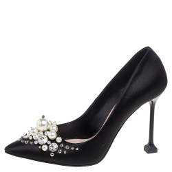 Pre Owned Miu Miu Black Satin Crystal and Pearl Embellished Pointed Toe Pumps Size 36