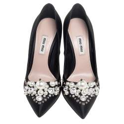 Pre Owned Miu Miu Black Satin Crystal and Pearl Embellished Pointed Toe Pumps Size 36
