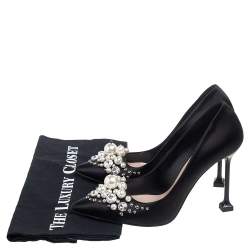 Pre Owned Miu Miu Black Satin Crystal and Pearl Embellished Pointed Toe Pumps Size 36