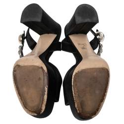 مملوكة مسبقًا Miu Miu Black Satin Crystal Embellished Ankle Strap Platform Sandals Size 39.5