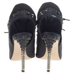 Pre Owned Miu Miu Black Satin And Fabric Crystal Embellished Open Toe Slingback Sandals Size 38