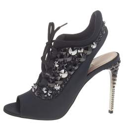 Pre Owned Miu Miu Black Satin And Fabric Crystal Embellished Open Toe Slingback Sandals Size 38