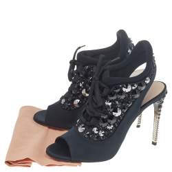 Pre Owned Miu Miu Black Satin And Fabric Crystal Embellished Open Toe Slingback Sandals Size 38