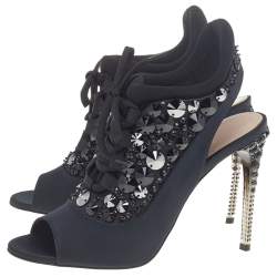 Pre Owned Miu Miu Black Satin And Fabric Crystal Embellished Open Toe Slingback Sandals Size 38
