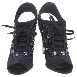 Pre Owned Miu Miu Black Satin And Fabric Crystal Embellished Open Toe Slingback Sandals Size 38