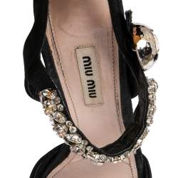 مملوكة مسبقًا Miu Miu Black Satin Crystal Embellished Ankle Strap Platform Block Heel Sandals Size 39.5