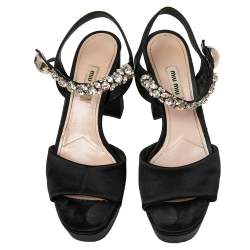 مملوكة مسبقًا Miu Miu Black Satin Crystal Embellished Ankle Strap Platform Block Heel Sandals Size 39.5