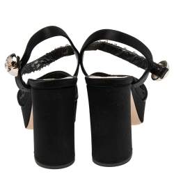 مملوكة مسبقًا Miu Miu Black Satin Crystal Embellished Ankle Strap Platform Block Heel Sandals Size 39.5