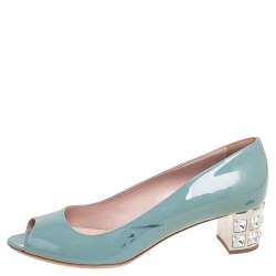 Pre Owned Miu Miu Blue Patent Leather Peep Toe Embellished Block Heel Pumps Size 37.5