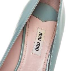 Pre Owned Miu Miu Blue Patent Leather Peep Toe Embellished Block Heel Pumps Size 37.5