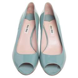 Pre Owned Miu Miu Blue Patent Leather Peep Toe Embellished Block Heel Pumps Size 37.5