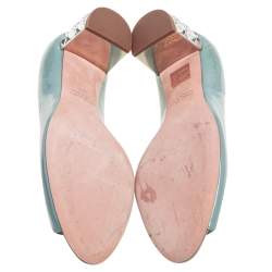 Pre Owned Miu Miu Blue Patent Leather Peep Toe Embellished Block Heel Pumps Size 37.5