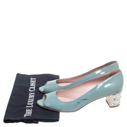 Pre Owned Miu Miu Blue Patent Leather Peep Toe Embellished Block Heel Pumps Size 37.5