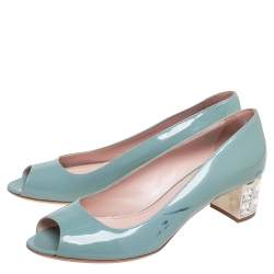 Pre Owned Miu Miu Blue Patent Leather Peep Toe Embellished Block Heel Pumps Size 37.5