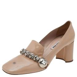 Pre Owned Miu Miu Beige Patent Leather Crystal Embellished Block Heel Pumps Size 38