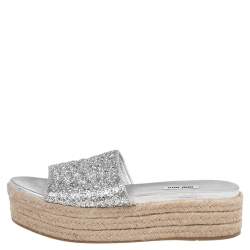 Pre Owned Miu Miu Silver Glitter Espadrille Platform Slide Sandals Size 41.5