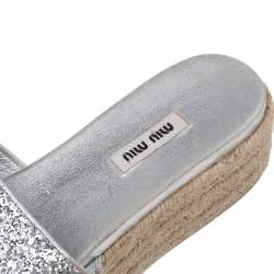 Pre Owned Miu Miu Silver Glitter Espadrille Platform Slide Sandals Size 41.5